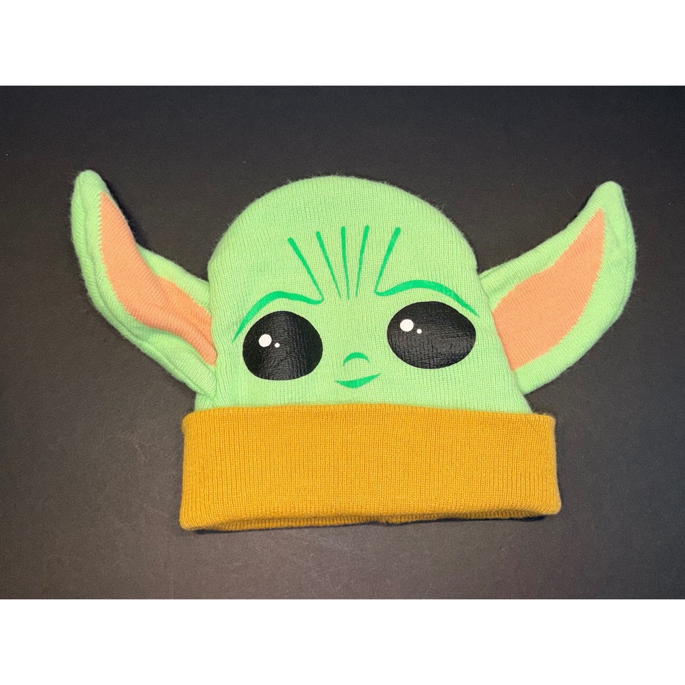 Star Wars Grogu Baby Yoda Beanie Green Yellow Knit Hat 3D Ears  Kids OS‎